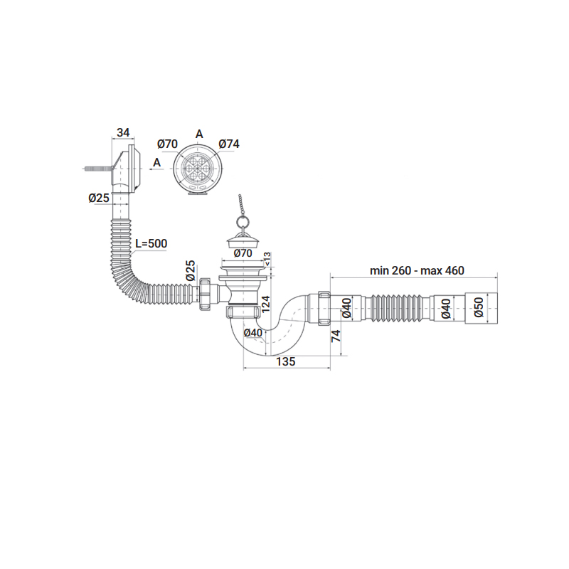 Сифон для ванни Zerix SV-01-A 1 1/2" прямоточний з випуском і переливом