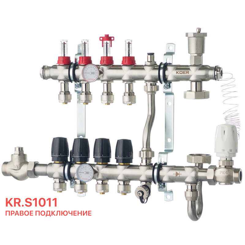 Коллектор со встроенным смесит. узлом Koer KR.S1011-4 1"х4 SUS304 и евроконусами 3/4-16