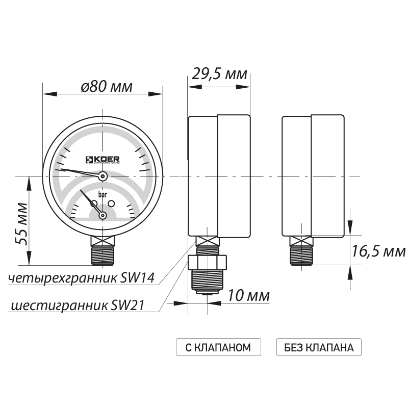Термо-манометр радиальный (KOER KM.801R) (0-4 bar), D 80мм, 1/4''-1/2''