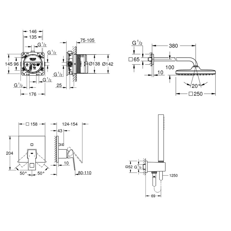 Душевая система скрытого монтажа со смесителем Grohe Eurocube New Tempesta 250