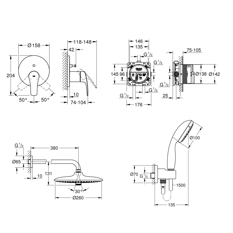 Душевая система скрытого монтажа со смесителем Grohe Grohtherm SmartControl