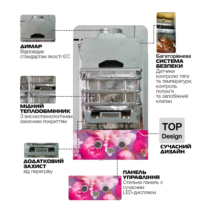 Газова колонка MIXXUS GWH-0410 BASIC GLASS димохідна 10 л/хв (панель зі скла з малюнком) (WH00)