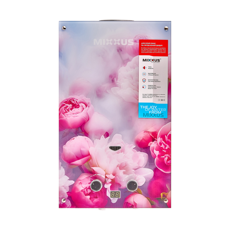 Газова колонка MIXXUS GWH-0410 BASIC GLASS димохідна 10 л/хв (панель зі скла з малюнком) (WH00)