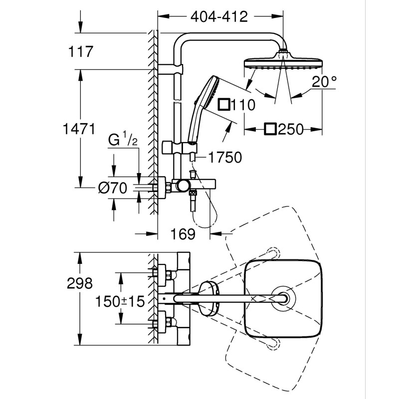 Душевая система настенного монтажа с термостатом для ванны Grohe Tempesta System 250 Cube (26691001