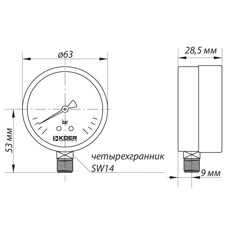 Манометр радіальний (KOER KM.610R) (0-4 бар), D 63мм, 1/4''-1/2''
