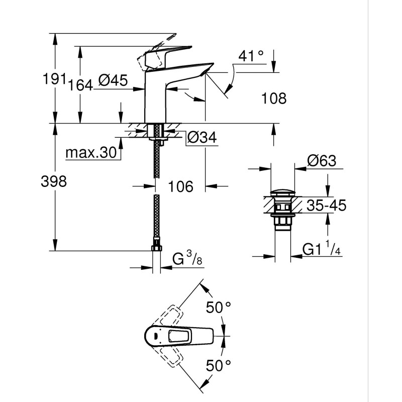 Однорычажный смеситель для раковины M-Size Grohe BauLoop New с нажимным донным клапаном