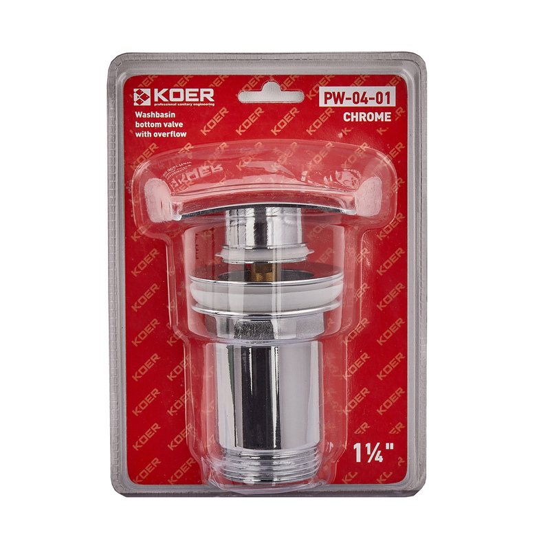 Донний клапан для умивальника з переливом Koer PW-04-01 1 1/4'' (кнопка) (Колір хром)
