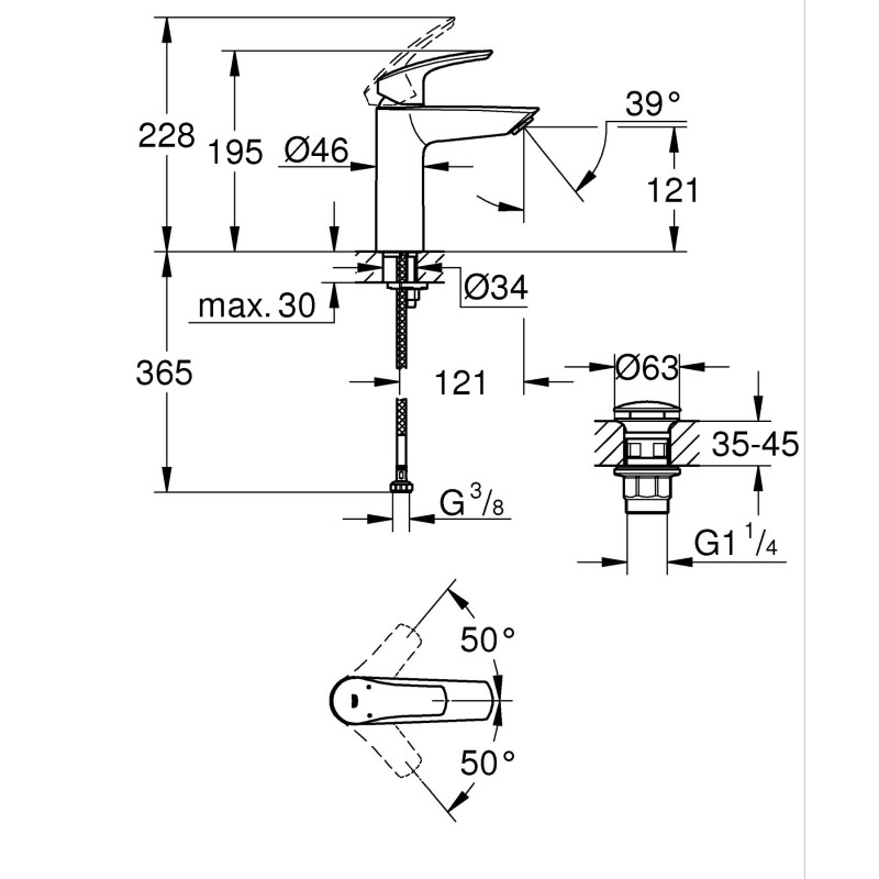 Однорычажный смеситель для раковины M-Size Grohe Eurosmart New с нажимным донным клапаном (23923003
