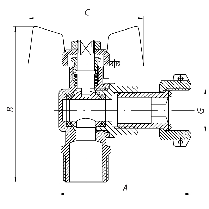 Кран с накидной гайкой 1/2" ГШБ газ угловой Koer KR.221.G
