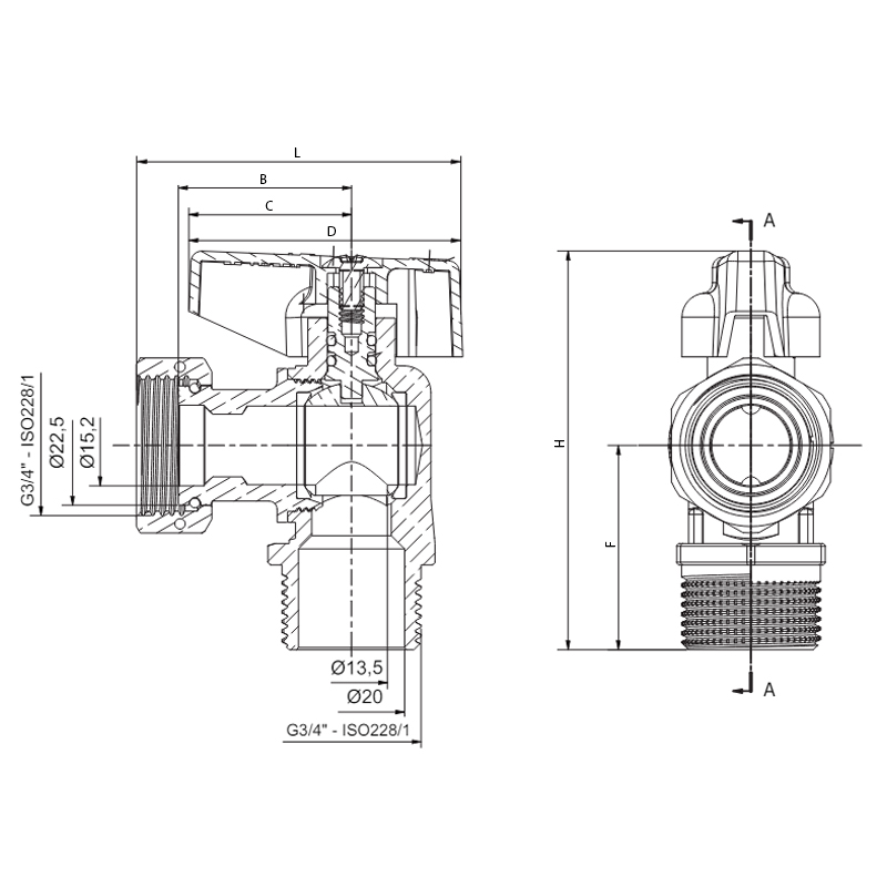 Кран шаровый угловой Н/Г, Roho R116-075B -3/4"х3/4" ВЗ ручка "бабочка" черная