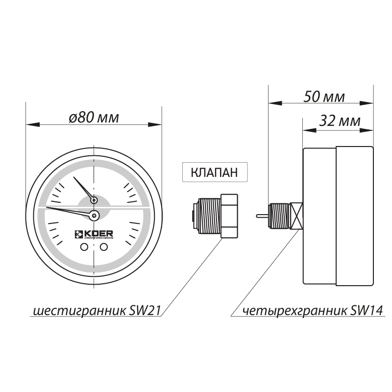 Термо-манометр аксіальний (KOER KM.812A) (0-6 бар), D 80мм, 1/4''-1/2''