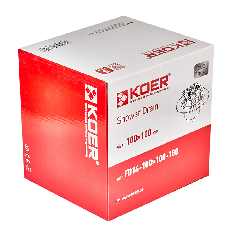 Душевой трап из нержавеющей стали SUS304 Koer FD14-100x100-180 (прямой отвод)