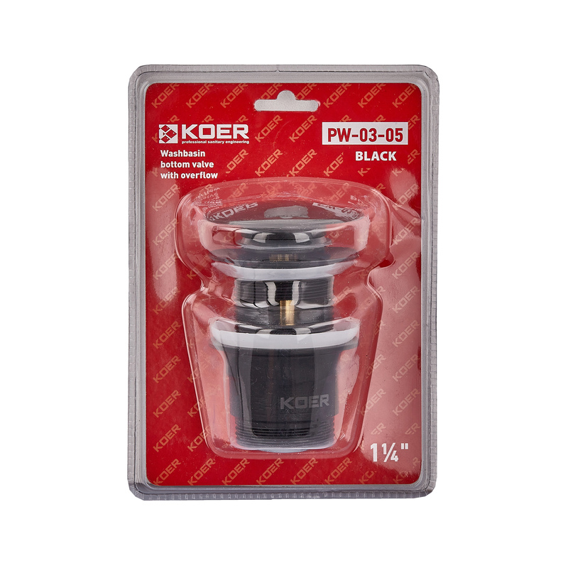 Донний клапан для умивальника з переливом Koer PW-03-05 1 1/4'' (кнопка) (Чорний)