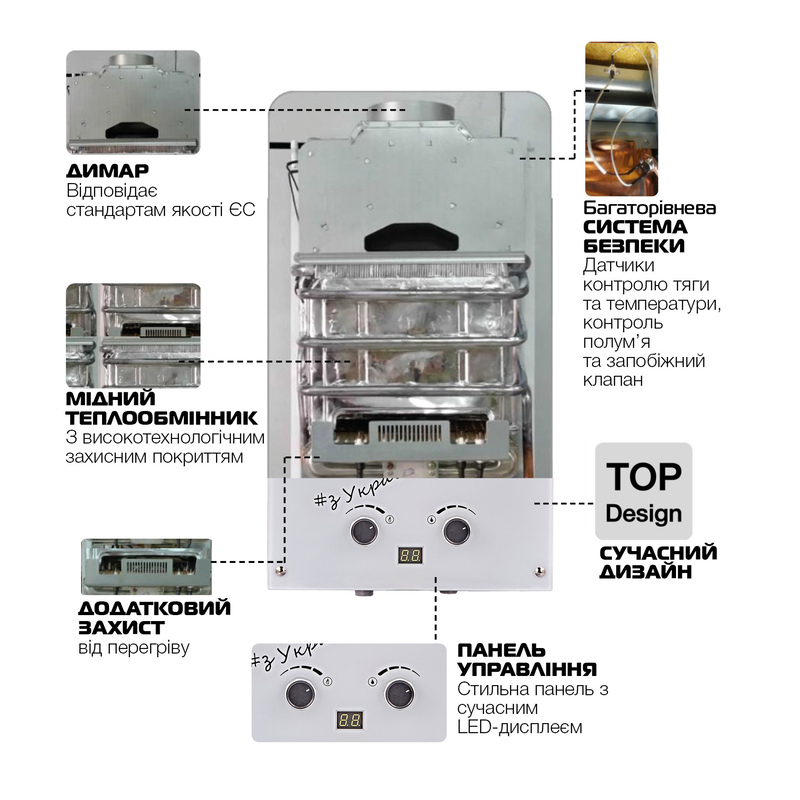 Газова колонка MIXXUS GWH-0610 BASIC GLASS димохідна 10 л/хв (панель зі скла з малюнком) (WH00