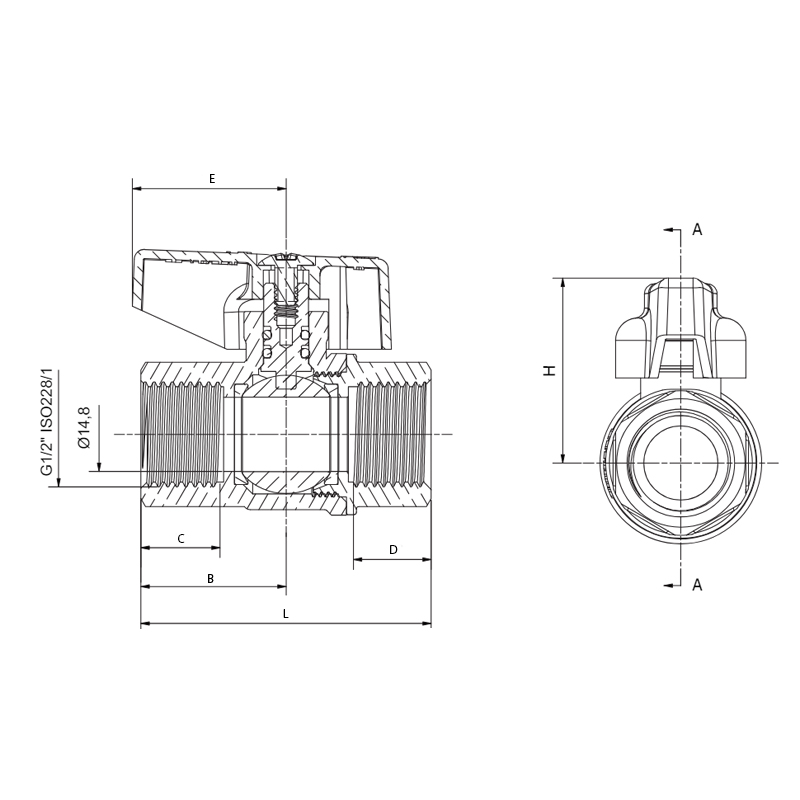 Кран шаровый ГАЗ, Roho R211-050G - 1/2" ВВ ручка "бабочка" желтая