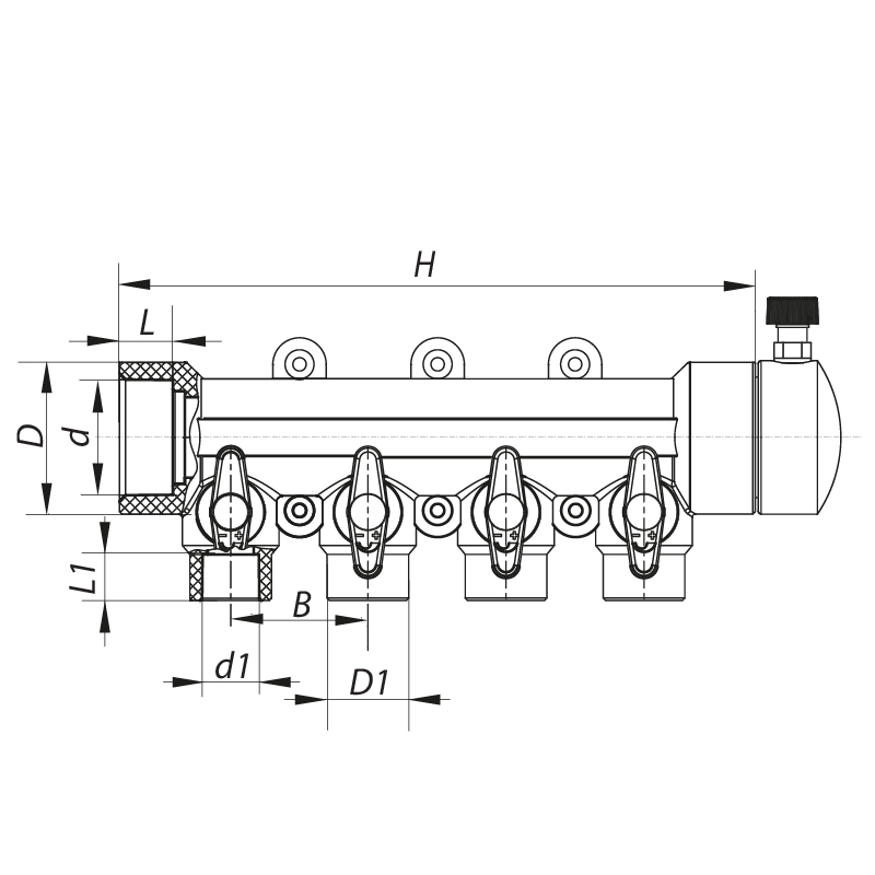 Коллектор 4-way с шаровыми кранами (40x20) PPR Koer K0171.PRO