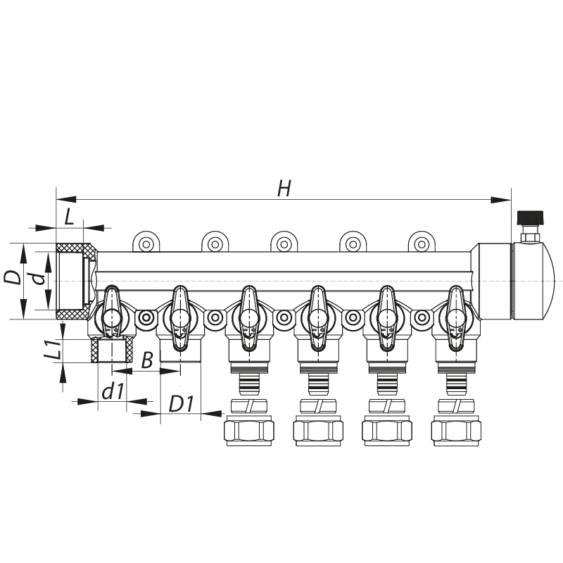 Коллектор распределительный 6-way с фитингом (40x20) PPR Koer K0194.PRO