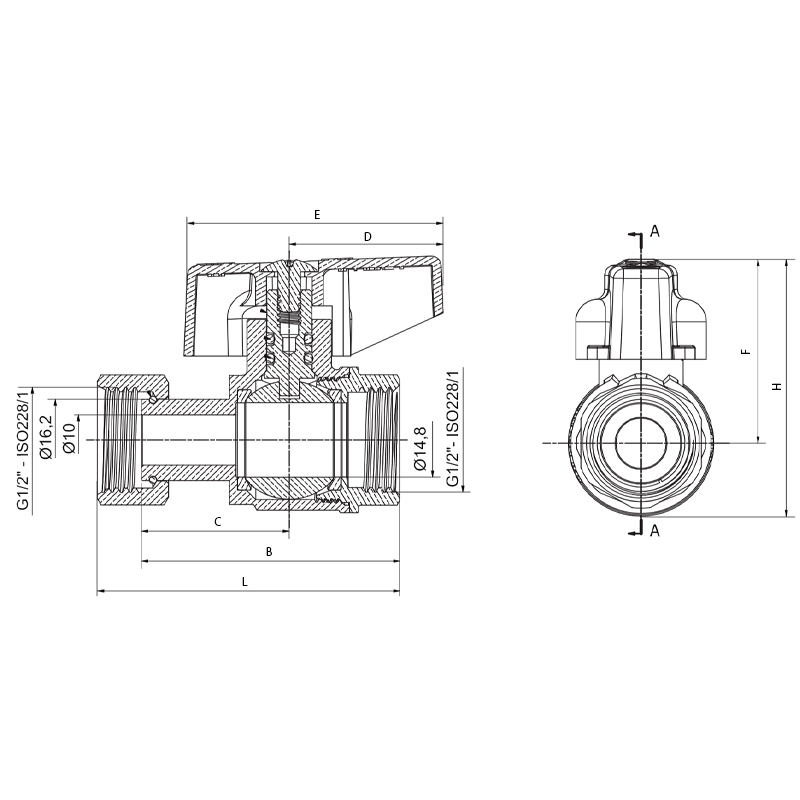 Кран шаровый Roho R115-050B -1/2"х1/2" прямой Н/Г, ручка "бабочка" черная