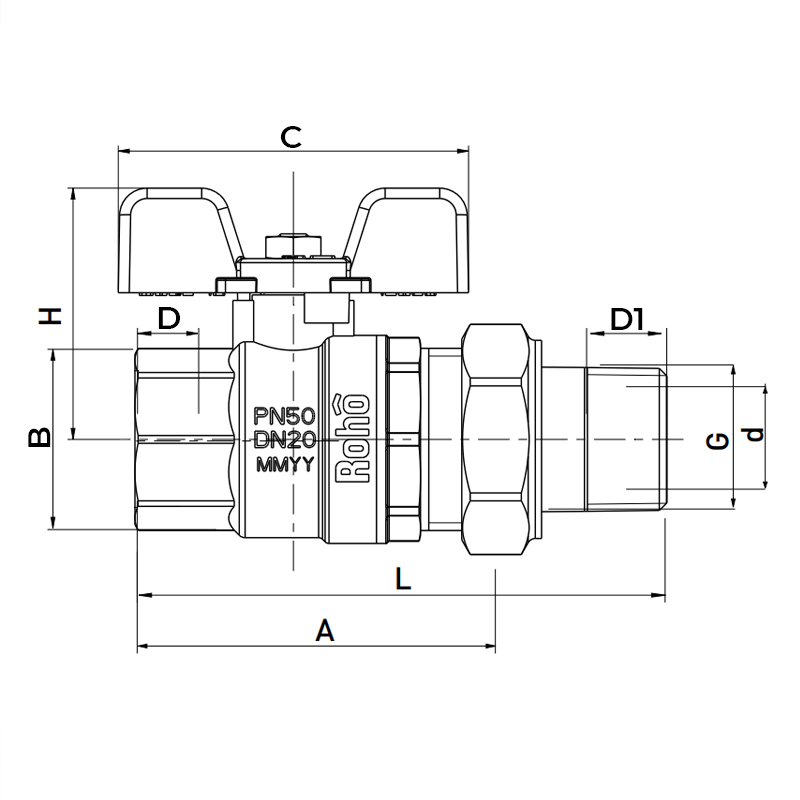 Кран с американкой Roho R105-075B - 3/4" прямой
