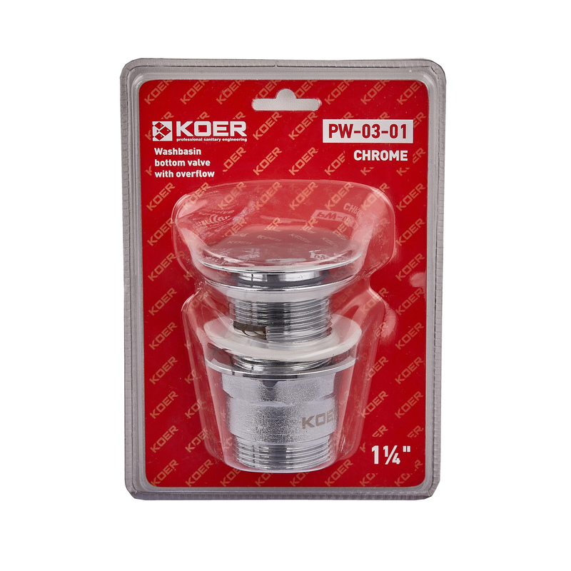 Донний клапан для умивальника з переливом Koer PW-03-01 1 1/4'' (кнопка) (Колір хром)