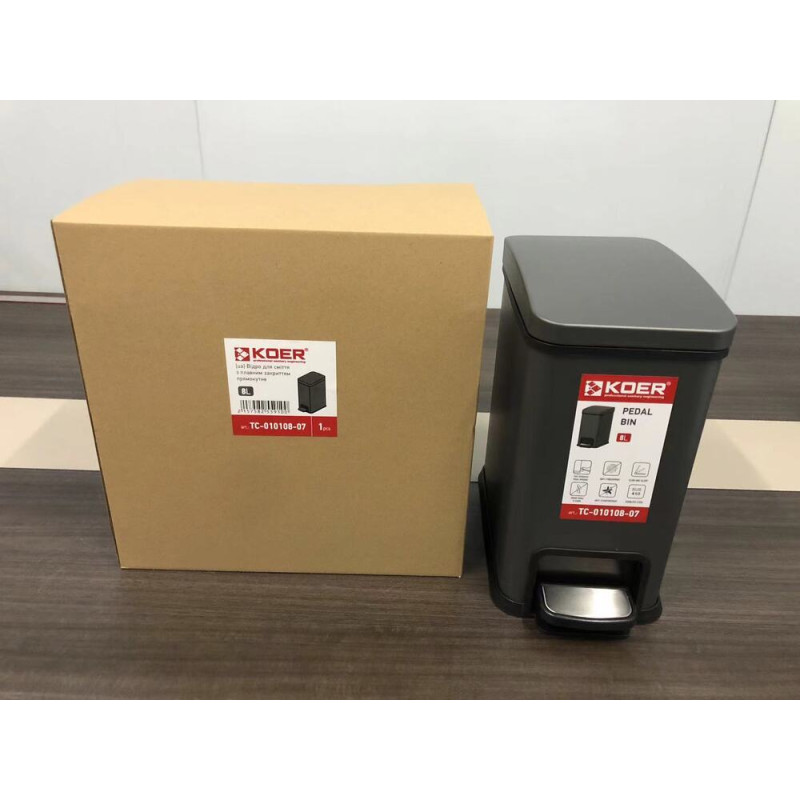 Мусорное ведро с плавным закрытием прямоугольное Koer TC-010108-07 8 л цвет графит