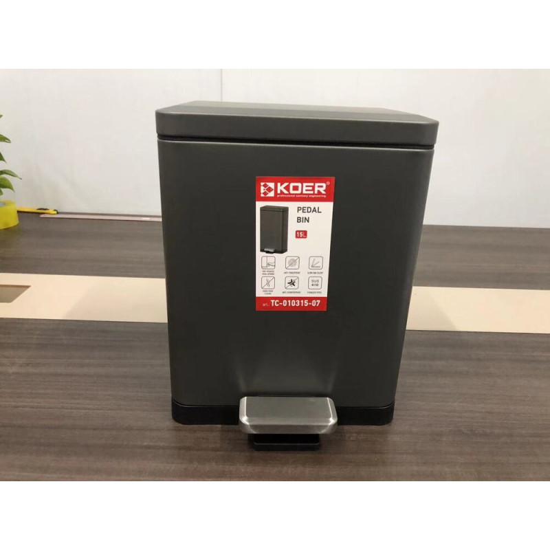 Мусорное ведро с плавным закрытием прямоугольное Koer TC-010315-07 15 л цвет графит
