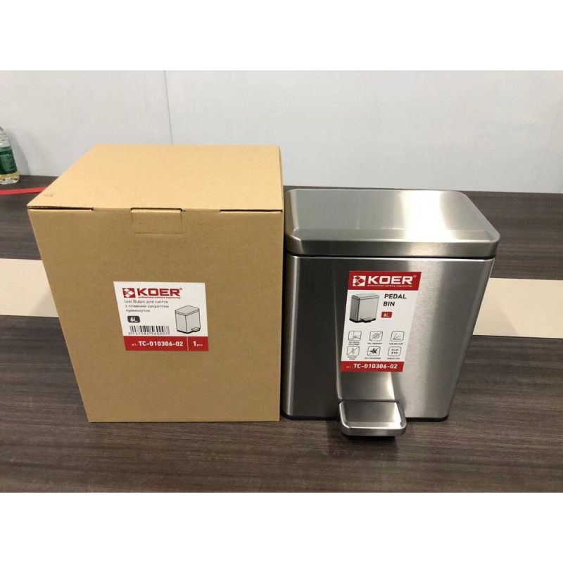 Мусорное ведро с плавным закрытием прямоугольное Koer TC-010306-02 6 л цвет нержавейка