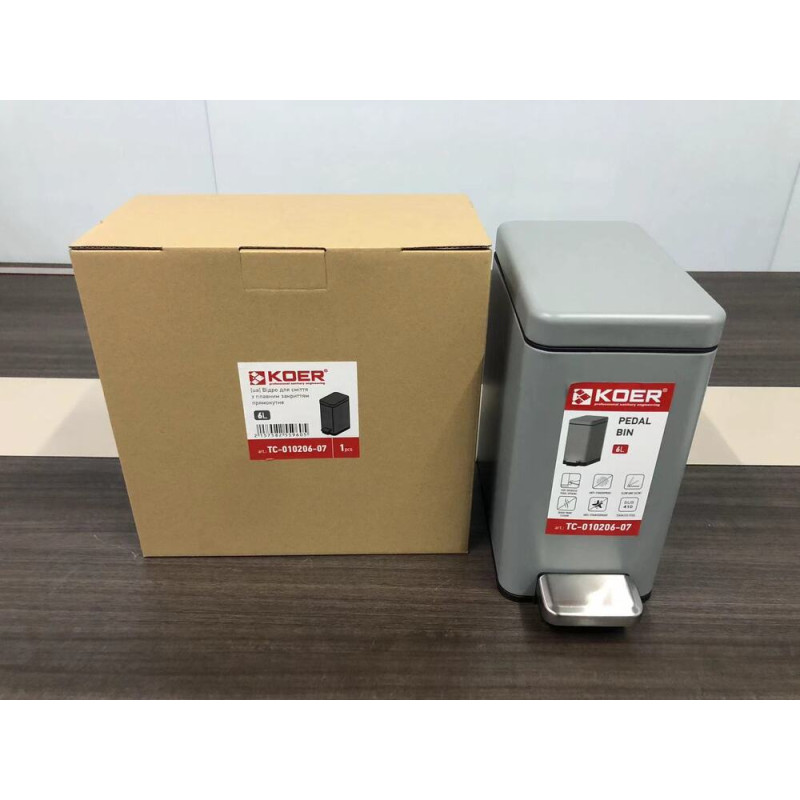 Мусорное ведро с плавным закрытием прямоугольное Koer TC-010206-07 6 л цвет серый