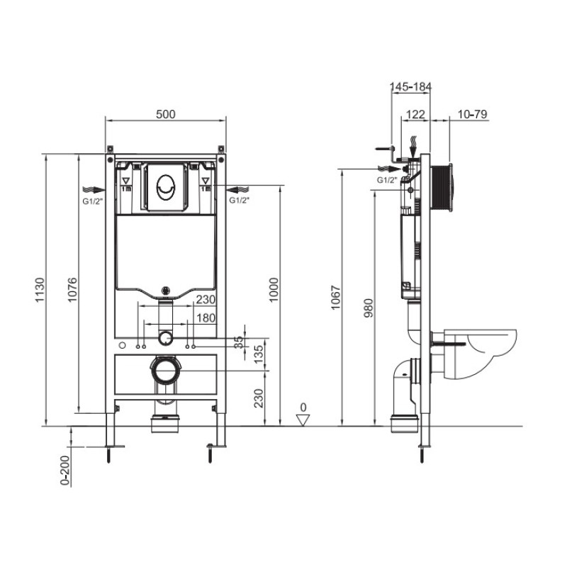 Инсталляция для подвесного унитаза Koer KT-0407 500x126x1150mm, без панели смыва