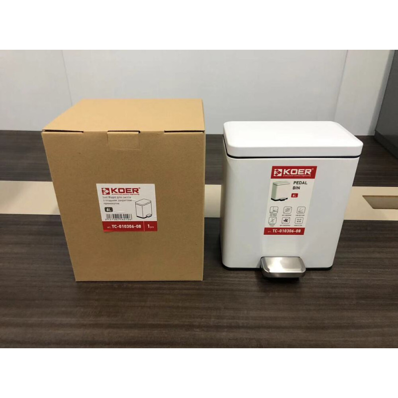 Мусорное ведро с плавным закрытием прямоугольное Koer TC-010306-08 6 л цвет белый