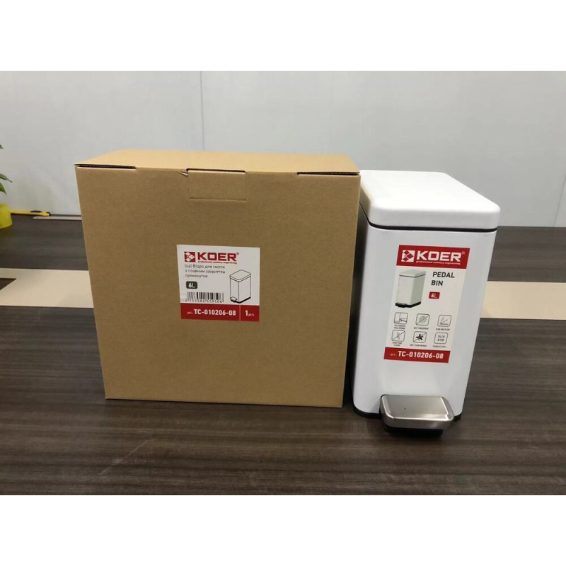 Мусорное ведро с плавным закрытием прямоугольное Koer TC-010206-08 6 л цвет белый