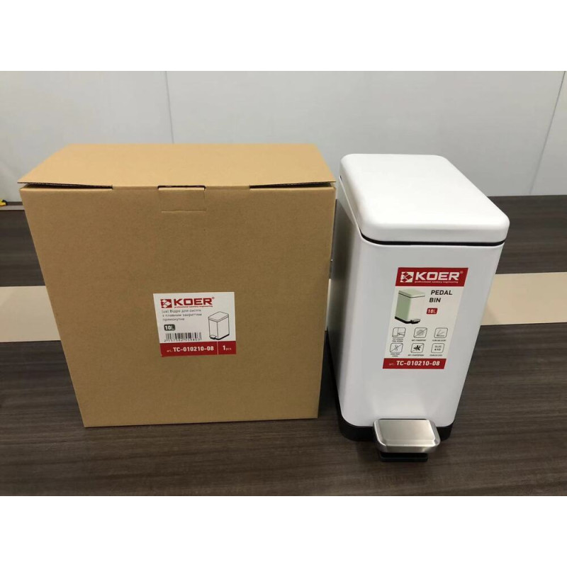 Мусорное ведро с плавным закрытием прямоугольное Koer TC-010210-08 10 л цвет белый
