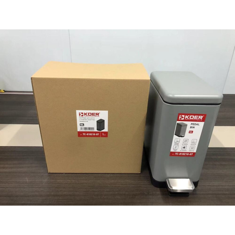 Мусорное ведро с плавным закрытием прямоугольное Koer TC-010210-07 10 л цвет серый