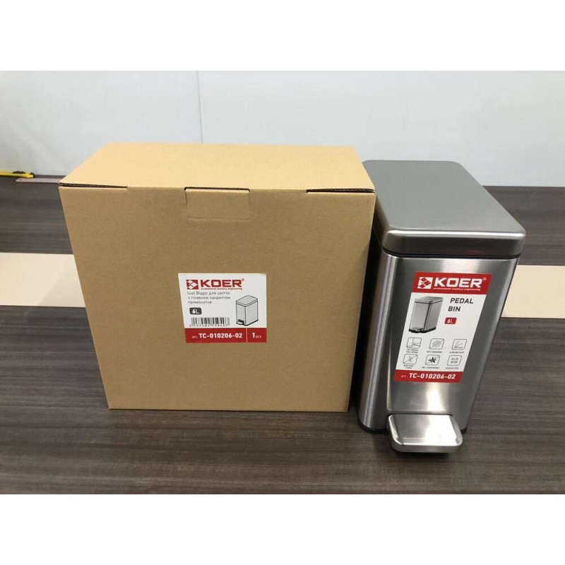 Мусорное ведро с плавным закрытием прямоугольное Koer TC-010206-02 6 л цвет нержавейка