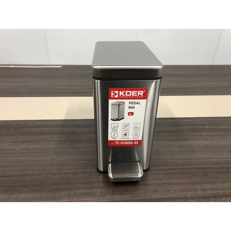 Мусорное ведро с плавным закрытием прямоугольное Koer TC-010206-02 6 л цвет нержавейка