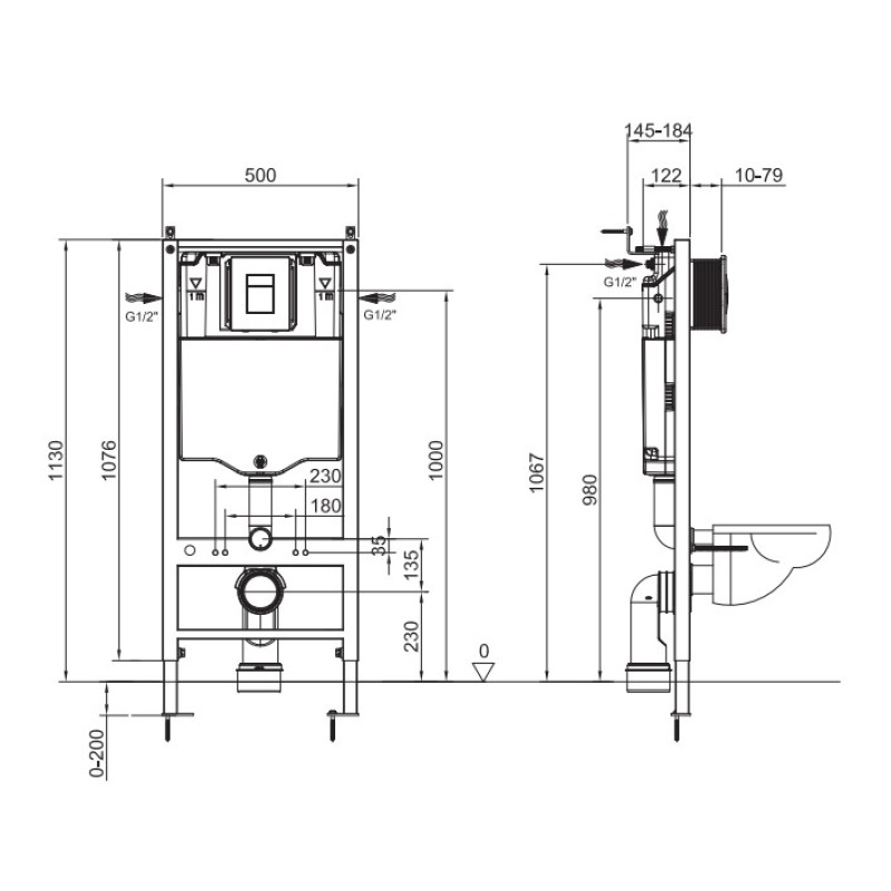 Инсталляция для подвесного унитаза Koer KT-0504-01 500x126x1150mm с панелью смыва KT-0607-01 Хром (