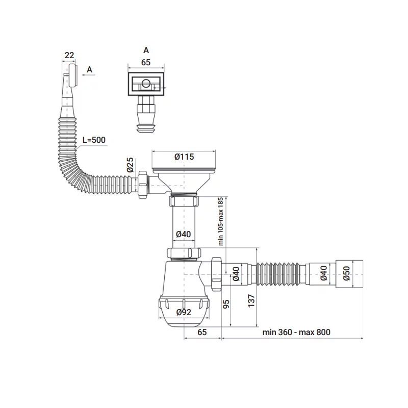 Сифон для кухни Zerix SK-02-A 3 1/2"x40 с резьб. выпуском и гибким прямоугольным переливом