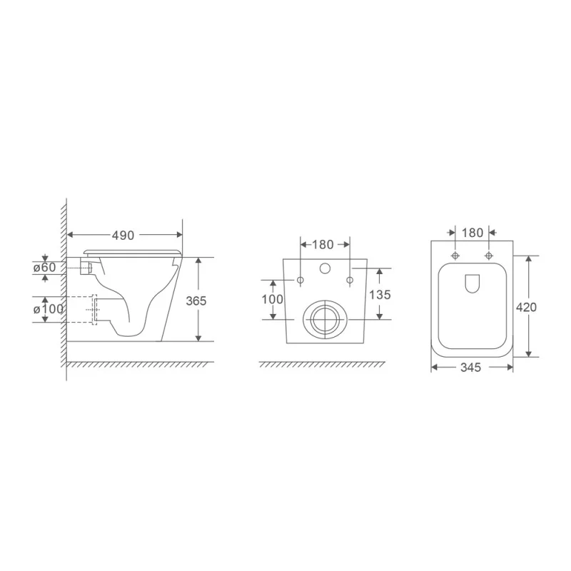 Подвесной унитаз Mixxus Premium Quadro-0301-T3 490x340x360mm, система смыва TORNADO 3.0